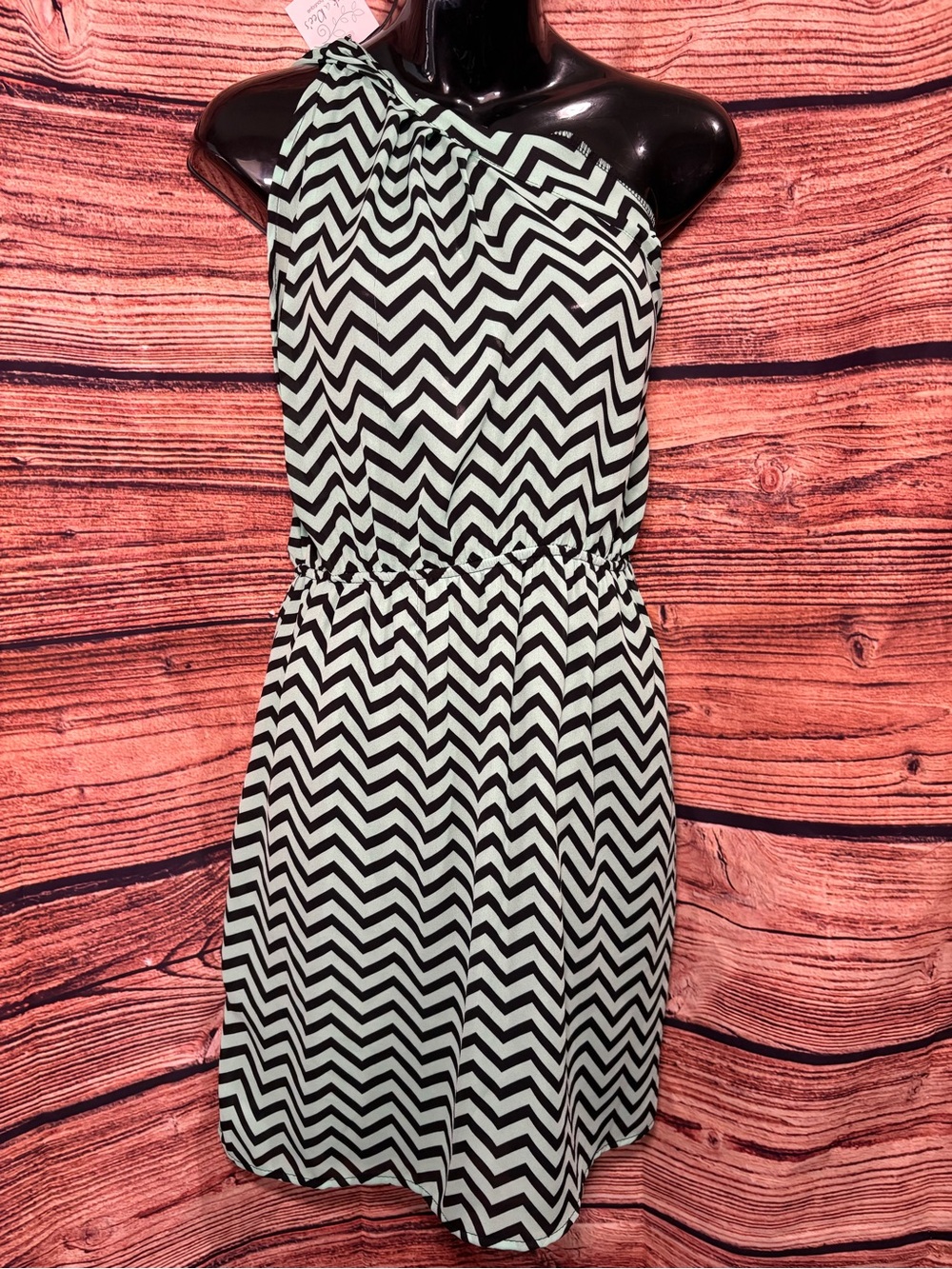 Tyche One-Shoulder Chevron Dress in Mint and Navy